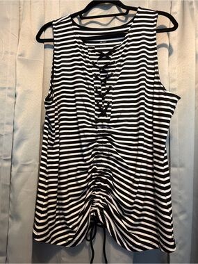 torrid Black and White Striped Lace-Up Tank w/ Adjustable Ruching